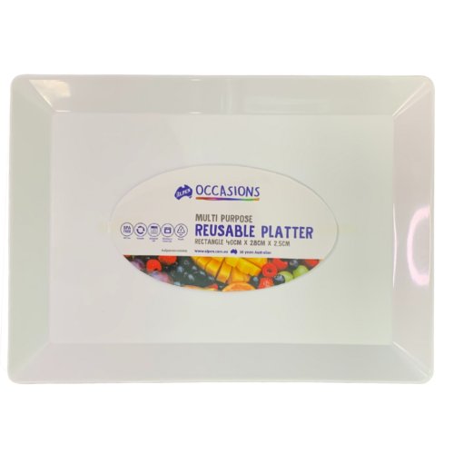 24x Platter Rectangle Plastic Reusable White 40cm x 28cm x 2.5cm
