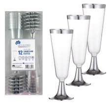 96x Champagne Glasses 145ml Plastic Flute Silver Trim