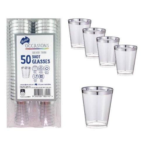 400x Shot Glasses 30ml Plastic Silver Trim