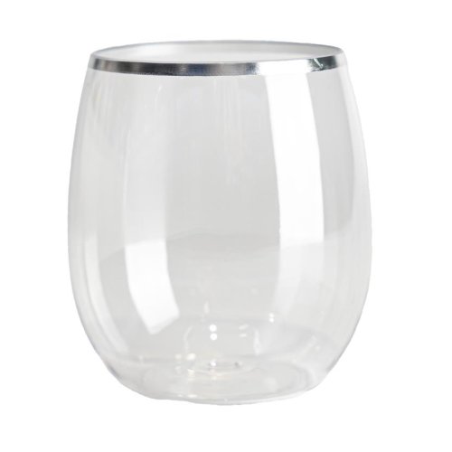 Silver Trim Plastic Stemless Wine Glass 350ml Box6