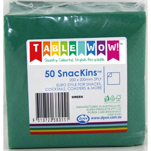 600x Napkins Green Cocktail Lunch Snacks Coasters Snackins 2ply 20cm x 20cm
