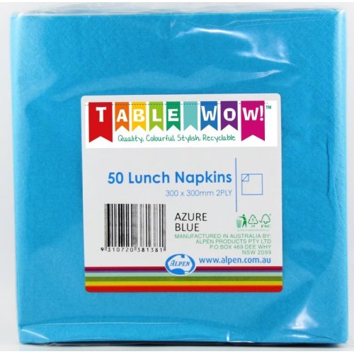 300x Napkins Azure Blue Lunch Dinner 2ply 33cm x 33cm