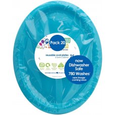100x Plates Oval Azure Blue Reusable Plastic Lunch Picnic Dinner 31.5cm x 24.5cm