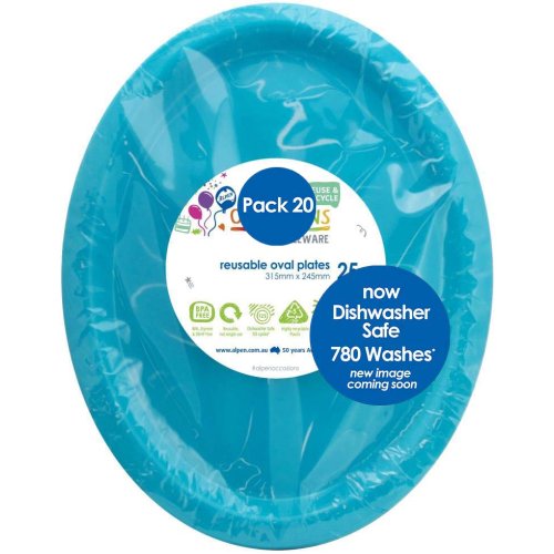80x Plates Oval Azure Blue Reusable Plastic Lunch Picnic Dinner 31.5cm x 24.5cm