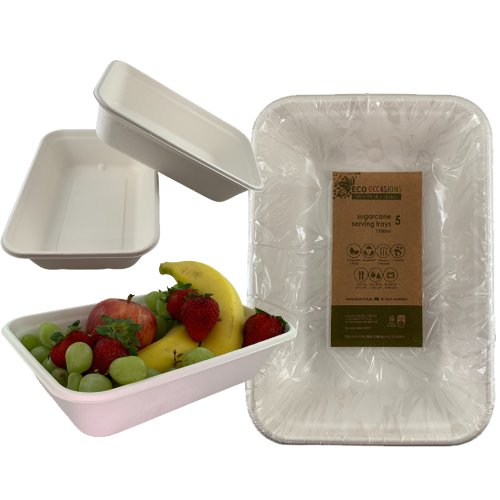 50x Sugarcane Serving Tray Dish 1100ml White Rectangle