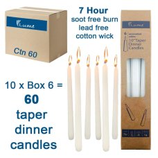 60x Candles Lume Taper Dinner White 250mm x 20mm 10 inch 7 hour