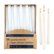 50x Candles Taper Dinner White Lume 250mm x 20mm 10 inch 7 hour