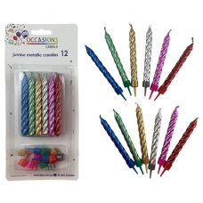 144x Candles Birthday Party with Holders Jumbo Metallic Spiral Multi-Colour