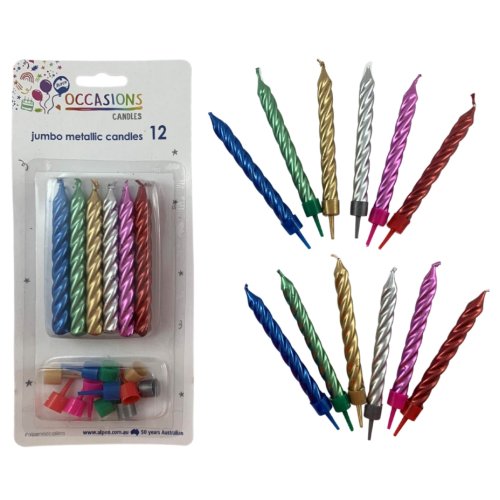 144x Candles Birthday Party with Holders Jumbo Metallic Spiral Multi-Colour