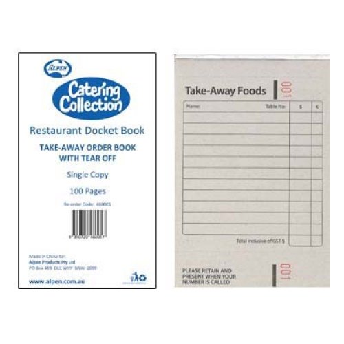 10x Restaurant Docket Book Single Takeaway Tear Off (book 100)