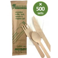 500x Cutlery Set Wooden Knife Fork Spoon & Napkin Biodegradable Bulk Disposable
