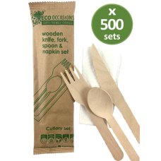 500x Cutlery Set Wooden Knife Fork Spoon & Napkin Biodegradable Bulk Disposable