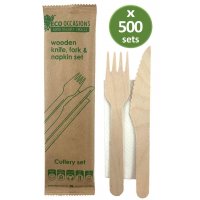 500x Cutlery Set Wooden Knife Fork & Napkin Biodegradable Bulk Disposable
