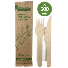 500x Cutlery Set Wooden Knife Fork & Napkin Biodegradable Bulk Disposable