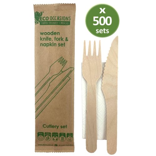 500x Cutlery Set Wooden Knife Fork & Napkin Biodegradable Bulk Disposable
